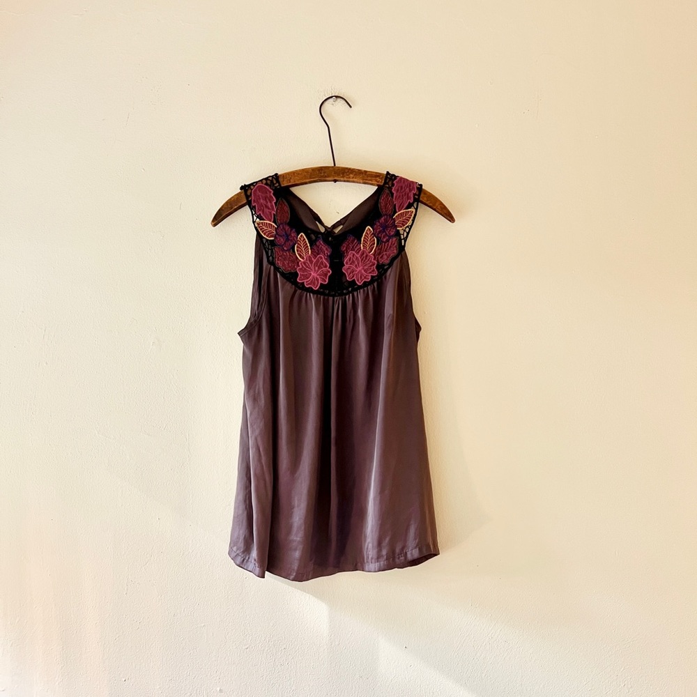 Jewel toned floral embroidered tunic tank vintage Forever 21 racerback tied L